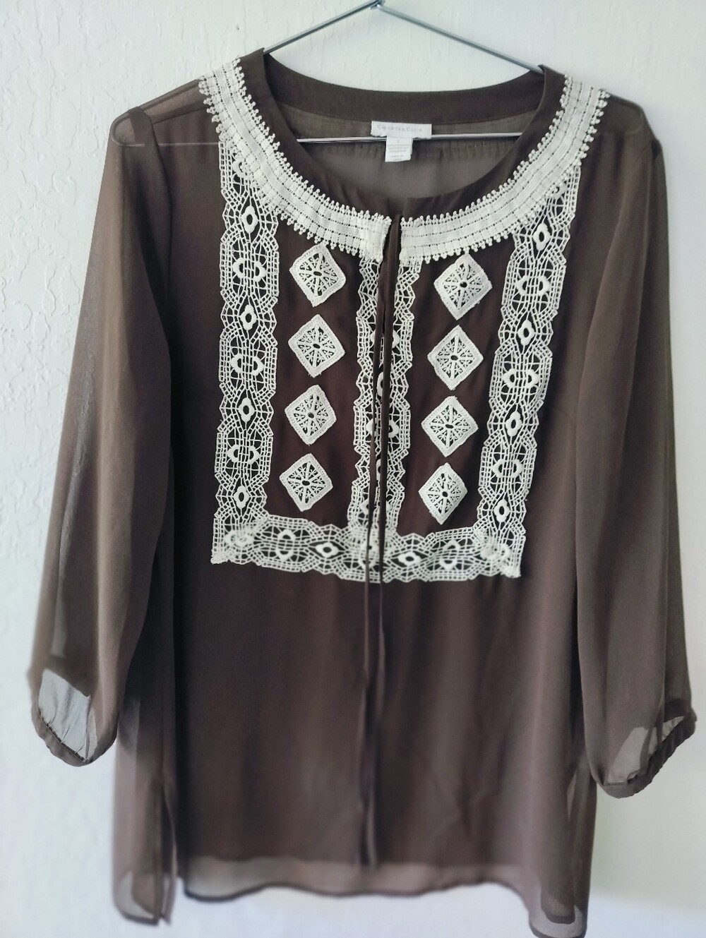 Charter Club Brown Sheer Boho Blouse with Cream Crochet Lace Detail – Size Large
